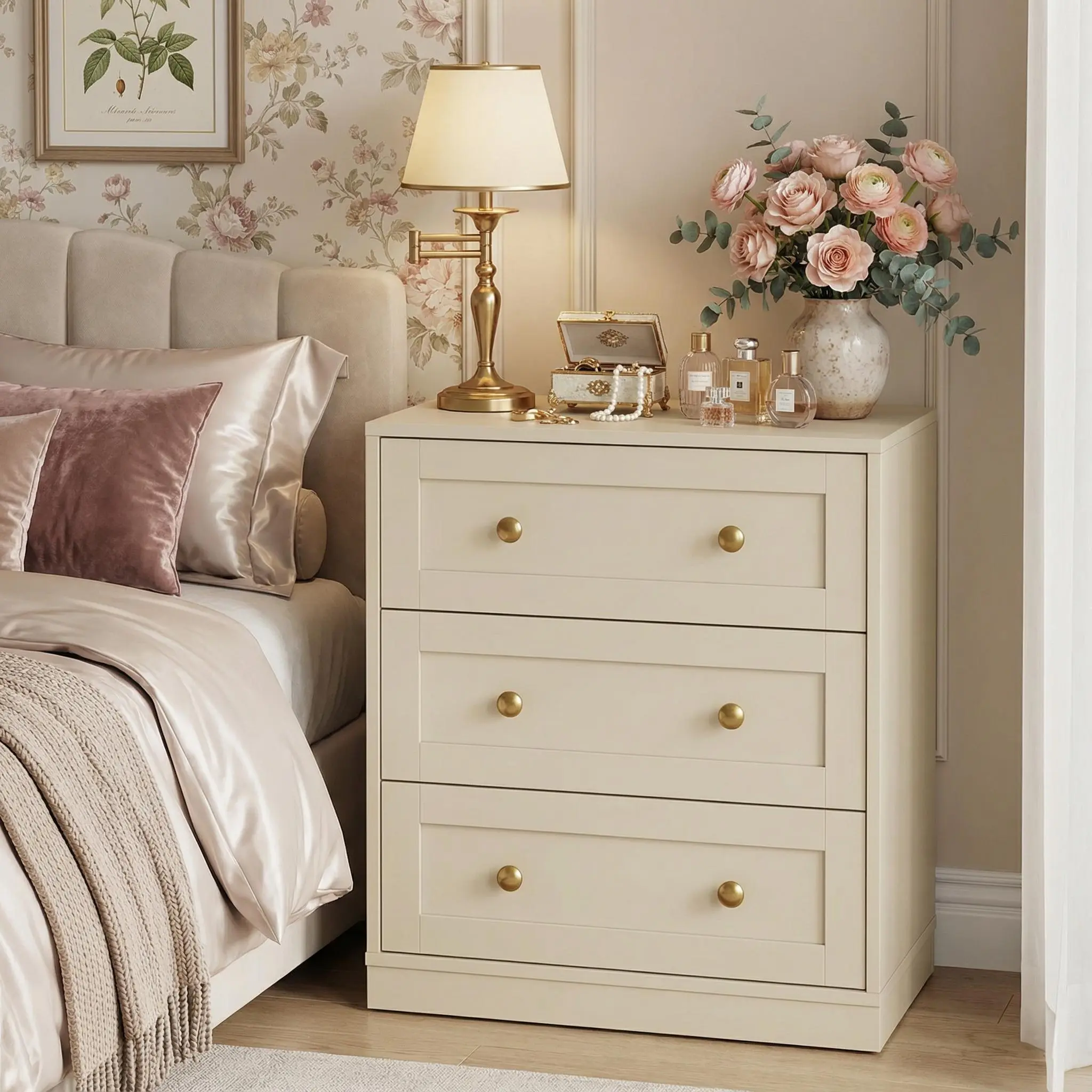 【Summervibes】RoyalCraft L 3 Drawer Dresser, Nightstand with Golden Round Knobs, Large Bedside Table, Modern Wood End Table, Accent Side Table Chest of Drawers for Bedroom, Living Room, Hallway, Closet, White