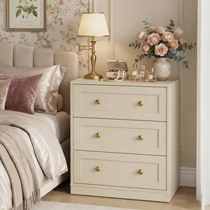 RoyalCraft L 3 Drawer Dresser, Nightstand with Golden Round Knobs, Large Bedside Table, Modern Wood End Table, Accent Side Table Chest of Drawers for Bedroom, Living Room, Hallway, Closet, White