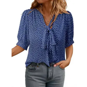 Dokotoo Blouses for Women Dressy Casual Short Sleeve Shirts Bow Tie Neck Work Tops Business Casual Outfits