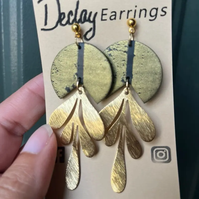 Statement Gold Leaf Dangle Earrings - Super Lightweight Hook Earrings, Unique Polymer Clay Design, Durable, Perfect Gift