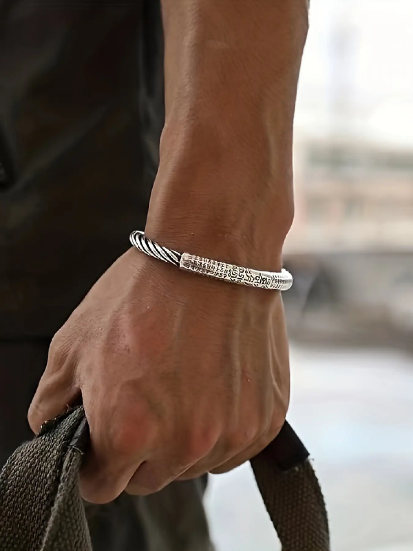 Silver Color Engraved Open Adjustable Copper Twisted Fashion Bracelet with Symbol Text and Twist Design, Boho Style Jewelry for Men, Daily and Streetwear, Copper Bracelets