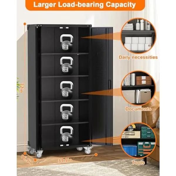 GARVEE Metal Storage Cabinet, Rolling Steel Tool Cupboard with Wheels, Pegboard Backing and 4 Adjustable Shelves, Lockable Rolling Garage Cabinet for Home, Workshop, Office or Basement, Black