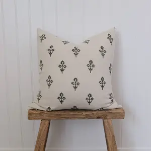 Aspen Floral Block Print Pillow Cover - Dark Green Printed Pattern on Natural Cotton - All Seasons Decorative Pillow Cover Made in USA