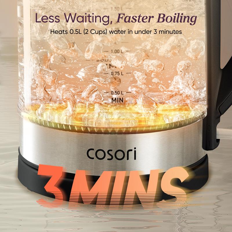 COSORI Electric Glass Kettle, 1.8Qt/1500W, No Plastic Filter & Spout, Auto Shut Off, Black, Hot Water Boiler for Coffee&Tea, College Dorm Essential GK-172/173