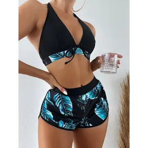 Zaful Lady Sexy Bikini Suit-Cross Collar Tropical Plant Print, Beach Swimsuit and Swim Trunks