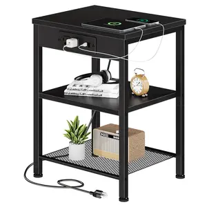 3-Tier Nightstand with Charging Station, Adjustable Height Bedside Table with Storage Shelf, for Bedroom & Living Room, Easy Assembly, 55 LBS Capacity