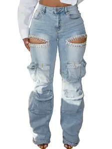 Women's Rhinestone Cargo Jeans High Waisted Baggy Sexy Sparkly Cut Out Ripped Distressed Stretchy Denim Trousers with Faux Pearl Embellishments All Seasons Fashion