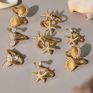 Golden-Plated Adjustable Open Ring, Starfish/Seashell/Mermaid Tail Options, Pavé CZ, Stackable Summer Beach Jewelry, One Size Fits Most, Gift for Women, TikTok Trend
