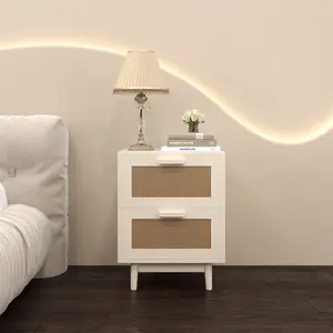 Wood Nightstand with 2 Faux Rattan Drawers, Bedside Side Table