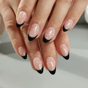 Curvlife medium almond  patterns prints Gel Press On Nails  polka dots nude glossy shiny Nail Art 2 Week Wear