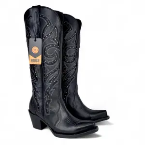 Bota Vaquera para Mujer Punta Snip Alta "Luna Black" de Piel Genuina con Tubo 16” y Tacon Western de 2.5” – Hooch Boots H26T9505