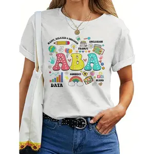Women's ABA Therapist RBT Analyst Autism Support Graphic T-Shirt - Light Grey Retro Short Sleeve Tee with Playful Educational Symbols, Regular Fit Round Neck Casual Top Womenswear Knit