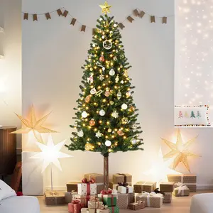 7.5ft Prelit Artificial Christmas Tree With Lights, Slim Pencil Xmas Tree With LED Pre-Lit, 7.5 Ft Christmas Tree With Twinkle Lights, With Warm White Lights & Metal Stand, Xmas Decorations Ornaments Round