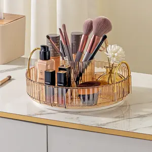 Rotating Makeup Carousel - Gold Accent Rotatable Cosmetic Organizer with Multi-Tier Trays for Perfumes, Skincare & Brushes | Vanity Desktop Display