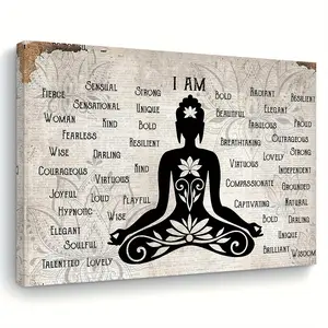 1pc Zen Buddha for Lotus Meditation Painting - Minimalist Black & White Spiritual Wall Decor with Beige/ Brown Tones - Wooden Framed Canvas Art for Living Room, Bedroom, Office - Mindfulness Gift for Women, Men, Zen