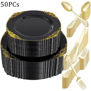 50pcs Vintage Pattern Plastic Plates, Reusable Heat Resistant, Includes Dessert Plates Dinnerware Set for Parties