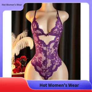 【Hot Women's Wear】Sexy Lingerie Bodysuit [Purple], Crotchless Design, Deep V-Neck Lace-Up Bodysuit, Elegant Women's Bodysuit, Lace-Up Bodysuit, Bedroom Temptation Wear, Passionate Battle Garment