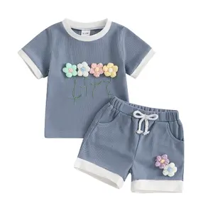 Toddler Baby Girl Summer Waffled Clothes Set 9 12 18 24 Months 2T 3T 4T 3D Flower Short Sleeve Round Neck Tops Elastic Waist Shorts Outfit