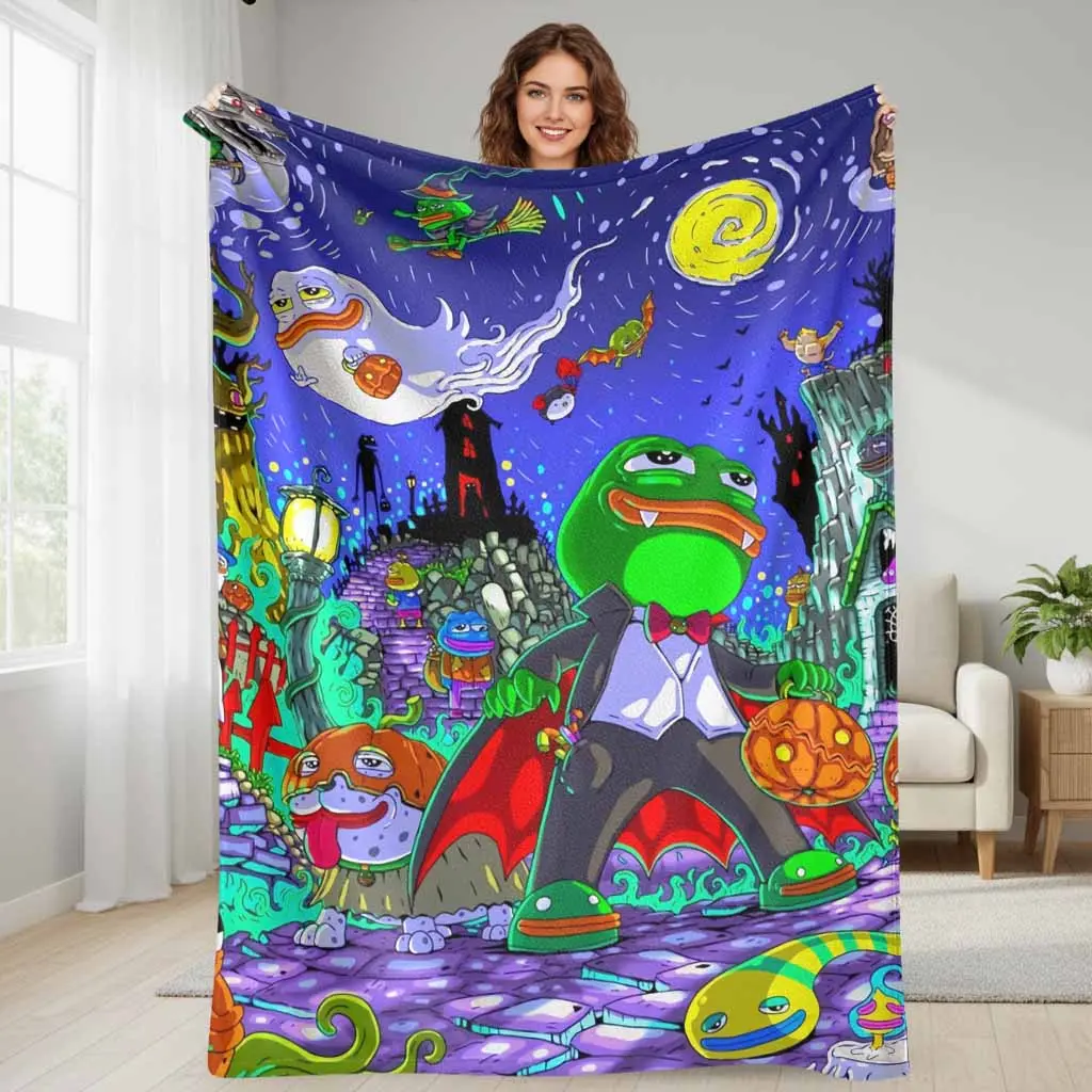 Halloween Pepe Frog Flannel Blanket Funny Meme Pumpkin Ghost Night Print Soft Cozy Lightweight Warm Throw for Sofa Bed Couch Camping Horror Party Gothic Room Gift Dorm Travel Use