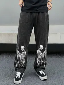 "warrior's Tombstone" Men's Washed Drawstring Long Pants, Casual Fitted Style for All Seasons, Unique Random Print Design