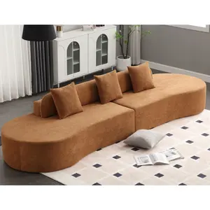 Modern curved combination sofa, terrycloth fabric sofa, minimalist sofa in living room, apartment, no assembly required, three pillows,Browm#Summervibes