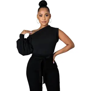Women Sexy One Shoulder Sleeveless Bodycon High Low Asymmetrical Ruffle Tunics Blouse Shirt Top Dress