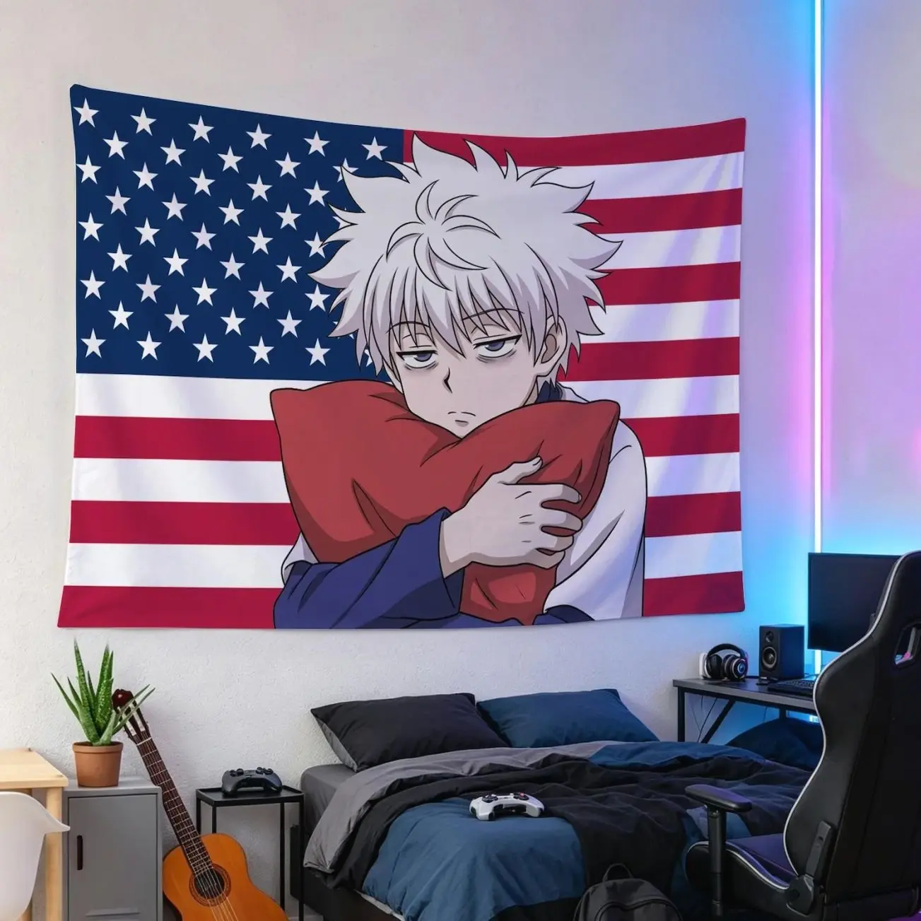 Killua Zoldyck American Flag Tapestry, Hunter x Hunter Anime Wall Hanging, Dorm Decor