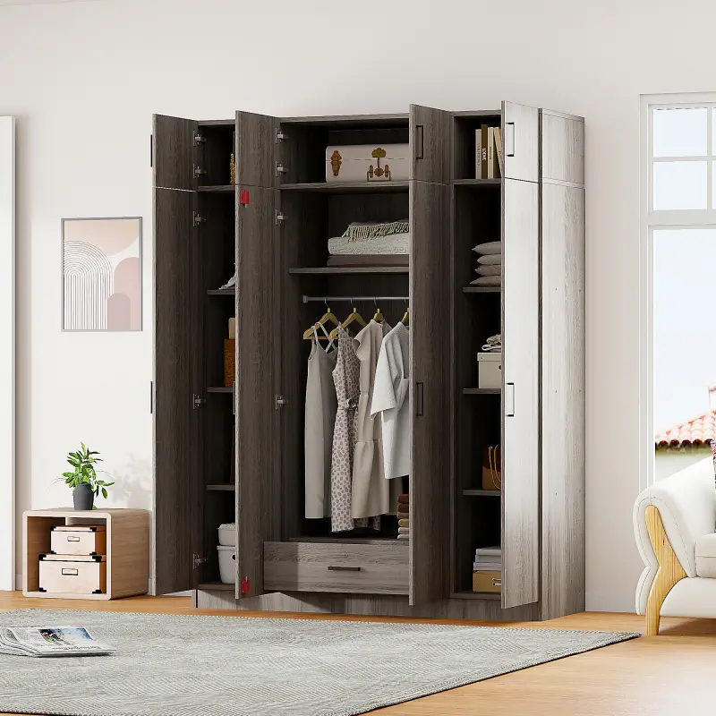 [SOIYELIFE] Modern 4-Door Wardrobe with Overhead Storage & Locking Drawer - Space-Saving Gray Particle Board Closet home office dorm