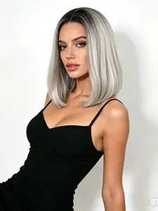 Ombre Blonde Short Bob Wigs For Women 13x4 Synthetic Lace Front Wig Dark Roots Natural Hairline Wig Daily Use, Natural Hairline, Daily Wear, 10Inch Length, All Seasons