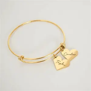 Mother's Bangle Bracelet With Custom Name Heart Shape Pendants