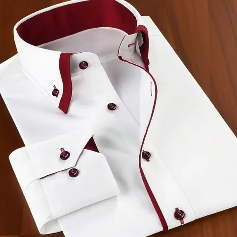 💯Confidence-Boosting Stretchy Contrast Color White Shirt | Men's Daily Office Wear Eye-Catching Slim Fit Long Sleeve Shirt, Premium Versatile Business Casual Shirt, Elegant Button Front Design, Menswear Top, Button Front Shirts