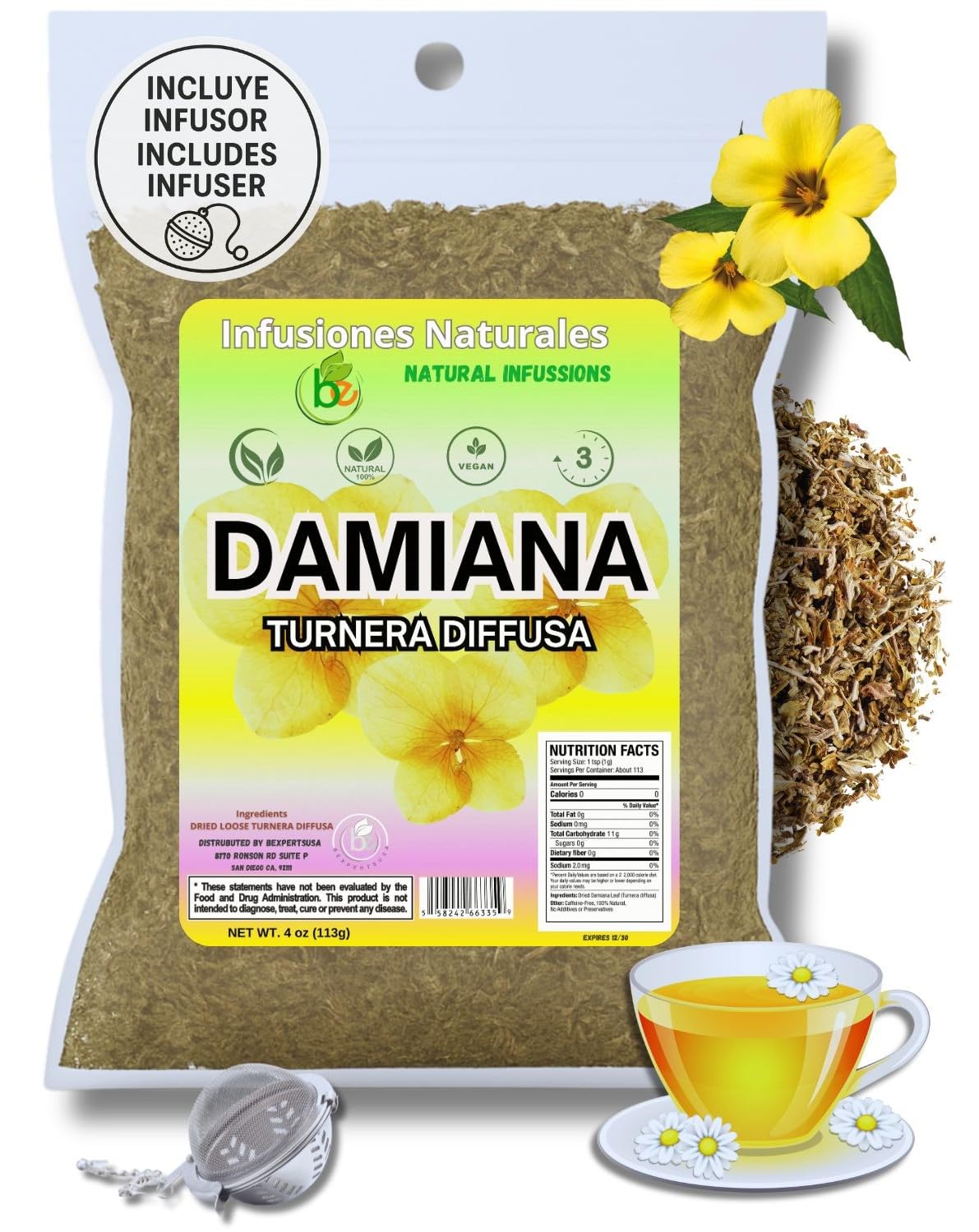 Damiana Leaf Tea 4 oz (113g) with Stainless Steel Tea Infuser – 100% Natural Dried Damiana (Turnera diffusa) – Authentic Mexican Loose Leaf Tea – Caffeine-Free, Non-GMO, Vegan – by BEXPERTSUSA