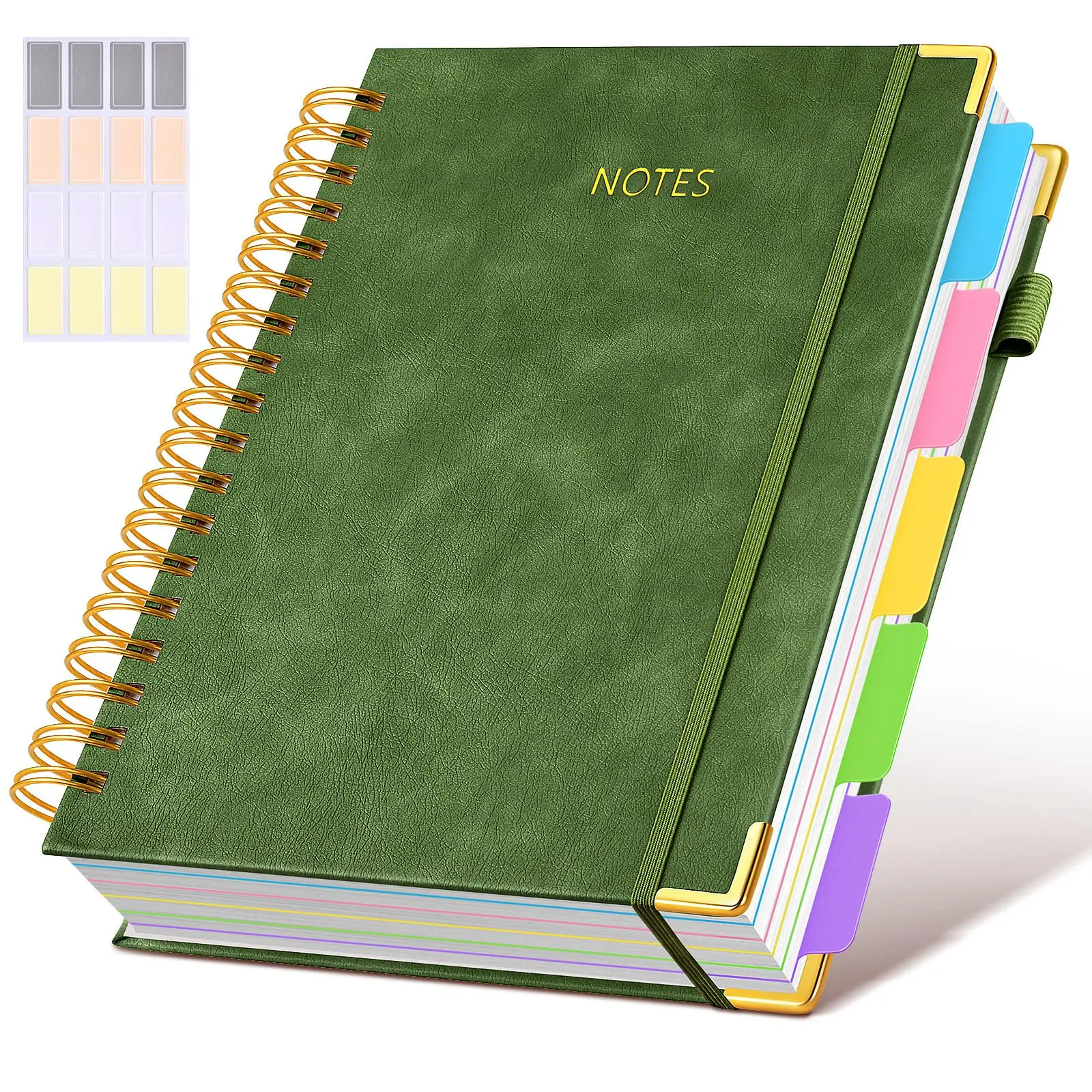 Unisex 8"x10" B5 Leather Cover Thick Twin-Spiral Binding Notebook, 300-Page 5-Subject College Ruled Journal with Removable Divider Tabs, Self-Adhesive Labels, Side Pen Loop, Expandable Back Pocket, Gold Color Stamp Font (Home/Office Supplies)