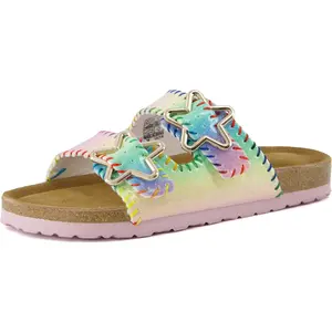 Toddler Sandals with Adjustable Buckles and Cushioned Cork Footbed Slip On Girls Slides for Kids