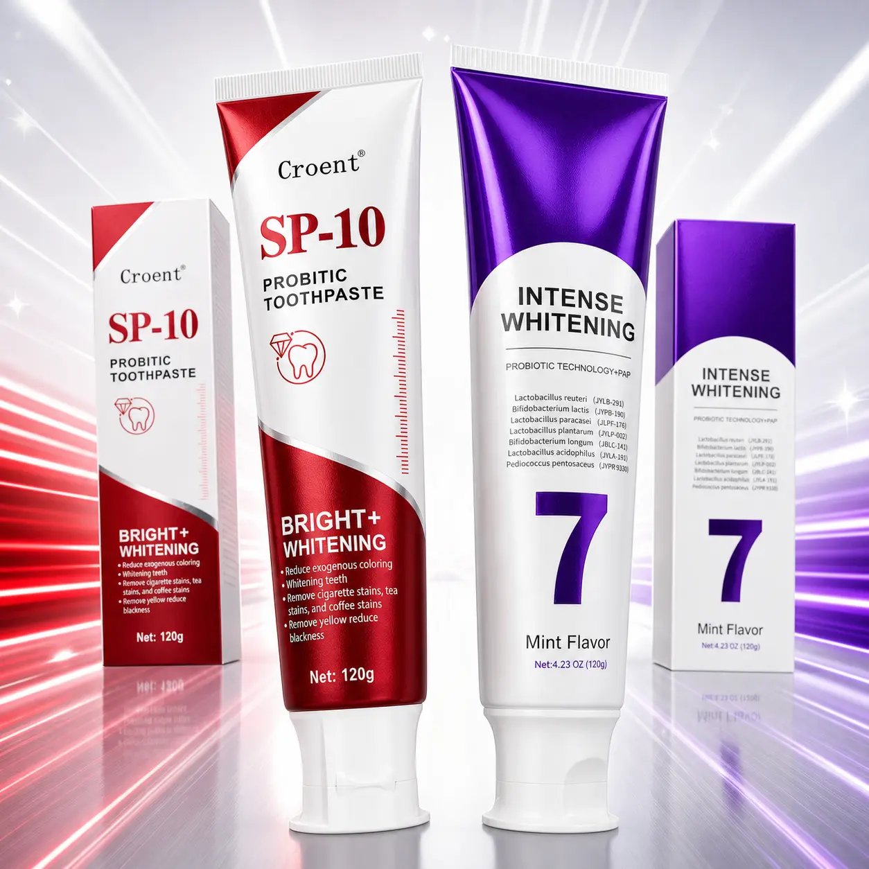 Croent SP-10 Probiotic Toothpaste and 7-Pro PAP Whitening Toothpaste Set, 2-Pack Mint Oral Care for Adults, Helps Remove Surface Stains from Coffee Tea Wine and Smoking, Freshens Breath, Daily Brightening and Intensive Whitening, 4.23 oz Each