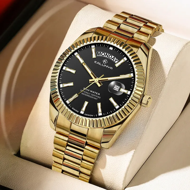 KALUNYA Men's 50M Waterproof Swiss Watch with Sapphire Crystal, Stainless Steel Bracelet, 40mm Dual Calendar and Luminous Markers, Dual Analog Wrist Watches, Crystal Wrist Watches