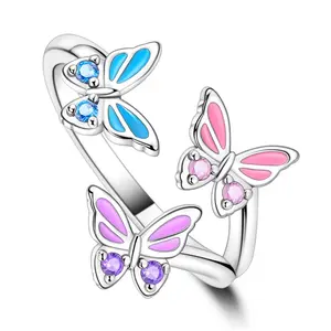 LAZA Tricolor Butterfly Adjustable Open Ring, S925 Silver Ring Inlaid with Colorful Enamel and Sparkling CZ, Vibrant Insect Style Jewelry, Cute Cottagecore Summer Accessory, Perfect Gift for Birthdays & Graduations