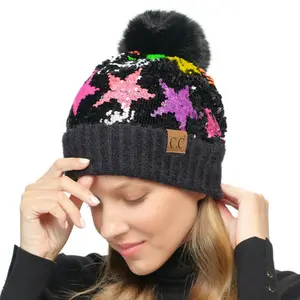 C.C Sequin Starry Night Beanie with Pom for Women – Shine Bright with Sparkling Sequins and Cozy Warmth, Perfect for a Glam Winter Look