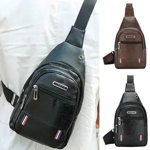 Men's Soft PU Leather Multi-Layer Single Shoulder Bag Outdoor Leisure Crossbody Chest Bag Black Brown 30cm x 17cm x 5cm