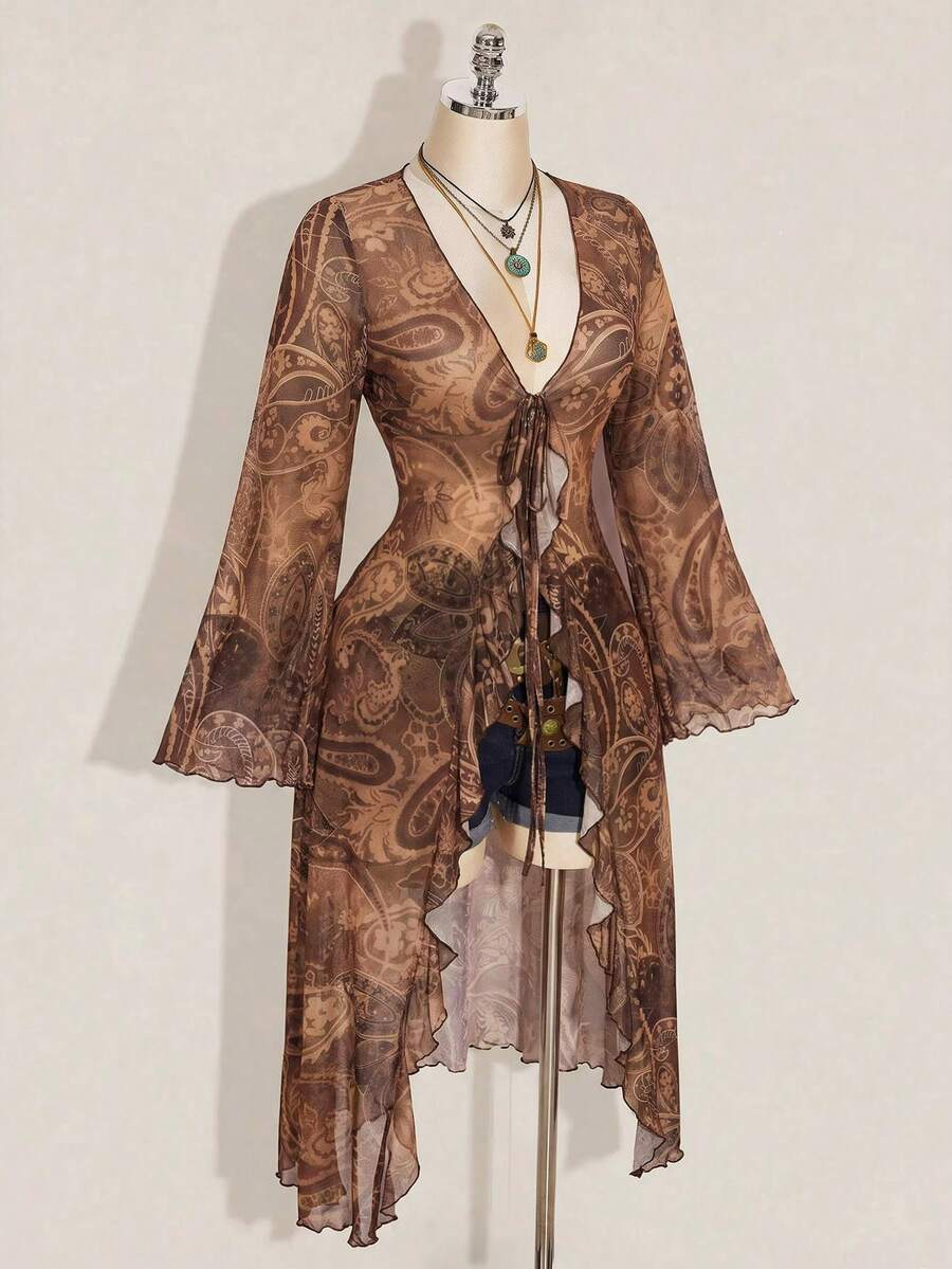Plus Size Deep V-Neck Top Plant Print Asymmetrical Blouse for Concerts and Dinner Out