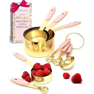 Gold & Pink Measuring Cups & Spoons Set – 8-Piece Stainless Steel Baking Tools with Silicone Handles