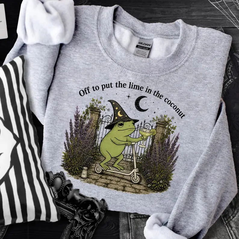Off To Put The Lime In The Coconut Frog Sweatshirt, Witch Frog Scooter Sweater, Funny Witchy Halloween Girls Trip Shirts