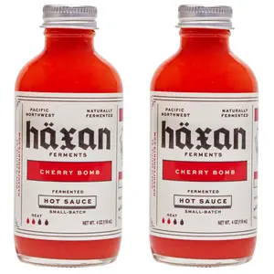 Ferments Cherry Bomb Hot Sauce |     Medium Heat |     LactoFermented Cherry Peppers, Garlic, Onion, Fresno Peppers, White Vinegar, Local Wildflower |     Perfect for Wings, Mac Cheese, Bloody Mary |     4 oz |     2 Count