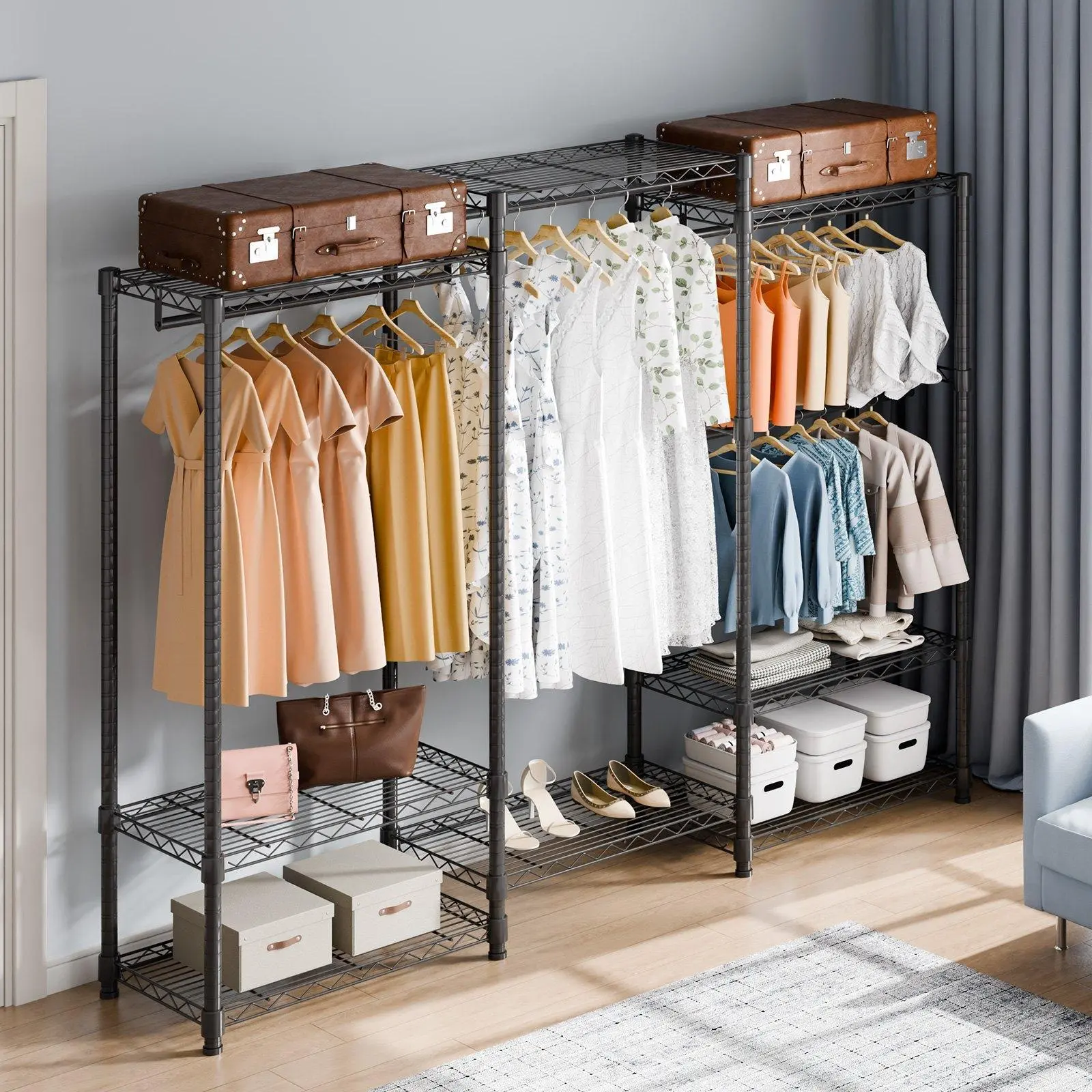 4 Rod 8 Shelf Heavy Duty Clothes Rack 800 lbs, Rolling Garment Organizer with Adjustable Custom Shelves, Freestanding Wardrobe for Hanging Clothes, Ideal for Walk-in Closet, Store, or Laundry Room