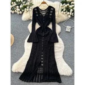 Long Style Knit Hollow Out Bell Sleeve Cardigan, Fashion Casual Sun Protection Cover-Up, All Seasons Fitted Style
