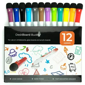 DeskBoard Buddy Dry Erase Markers 12-Pack Assorted Fine-Tip with Mini Erasers for Clean Precise Writing on White DeskBoard Buddy & Acrylic Calendars - Clear Lines