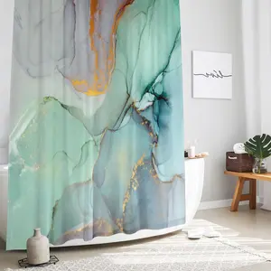 Abstract Marble Shower Curtain, Blue Green Purple Jade Texture Gold Stripes Ombre Watercolor Paint, Modern Ink Art Decor Waterproof Fabric Shower Curtain for Bathroom Set with Hooks, 71x71