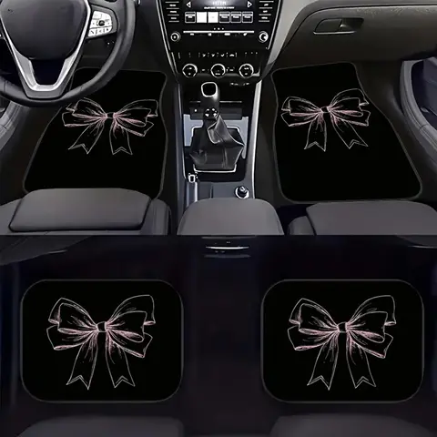 4pcs Pink Bow Car Mat Set - Durable Polyester, Easy to Clean, Front and Rear Seat Protection, All-Weather Use, Suitable for Trucks, Cars, SUVs, Gift, Girly Car Accessories, Car Interior Accessories Girls, Car Floor Mats, Cute Car Accessories