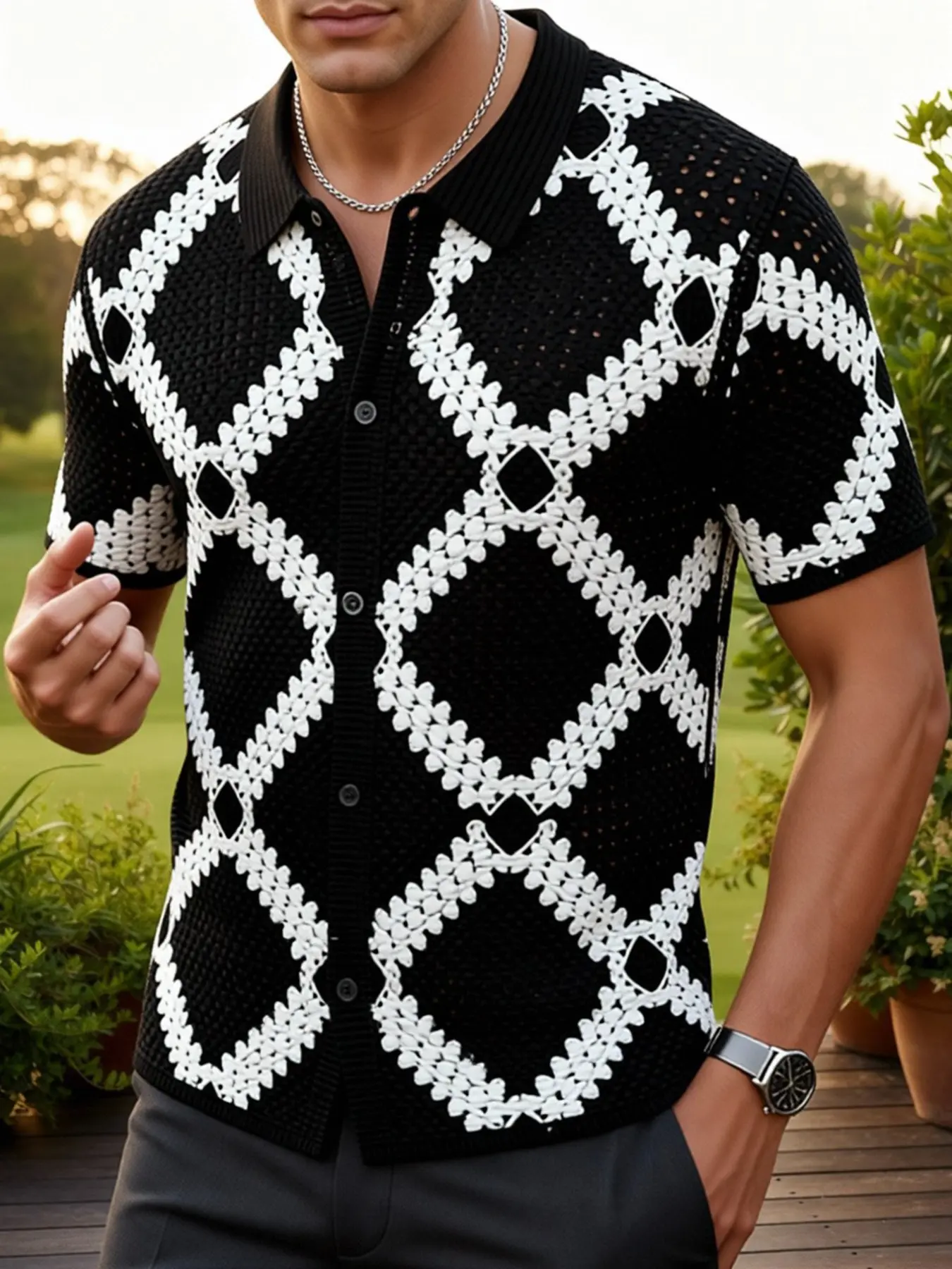 Men's Casual Short Sleeve Top, Black & White Hollow-Out Argyle Knit Button Up Polo Shirt for Spring, Summer & Fall, Comfortable Breathable Old Money Style for Daily Wear & Trips