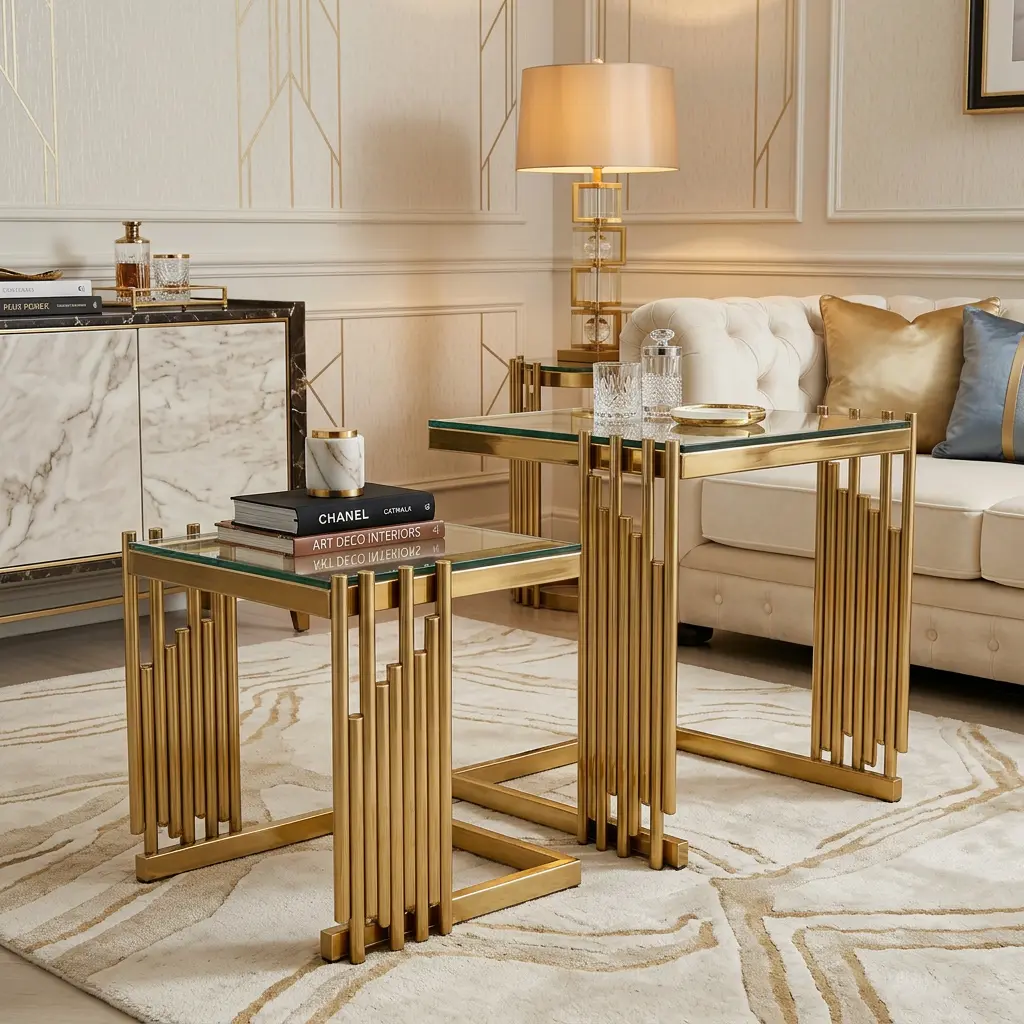 2-Piece Luxury Nesting Side Table Set, Modern Square End Table with Clear Tempered Glass Top & Polished Gold Stainless Steel C-Shape Frame, Quick Easy Assembly, Stain Resistant Surfaces Perfect for Beside Couch, Sofa, Living Room Indoor Home Decoration